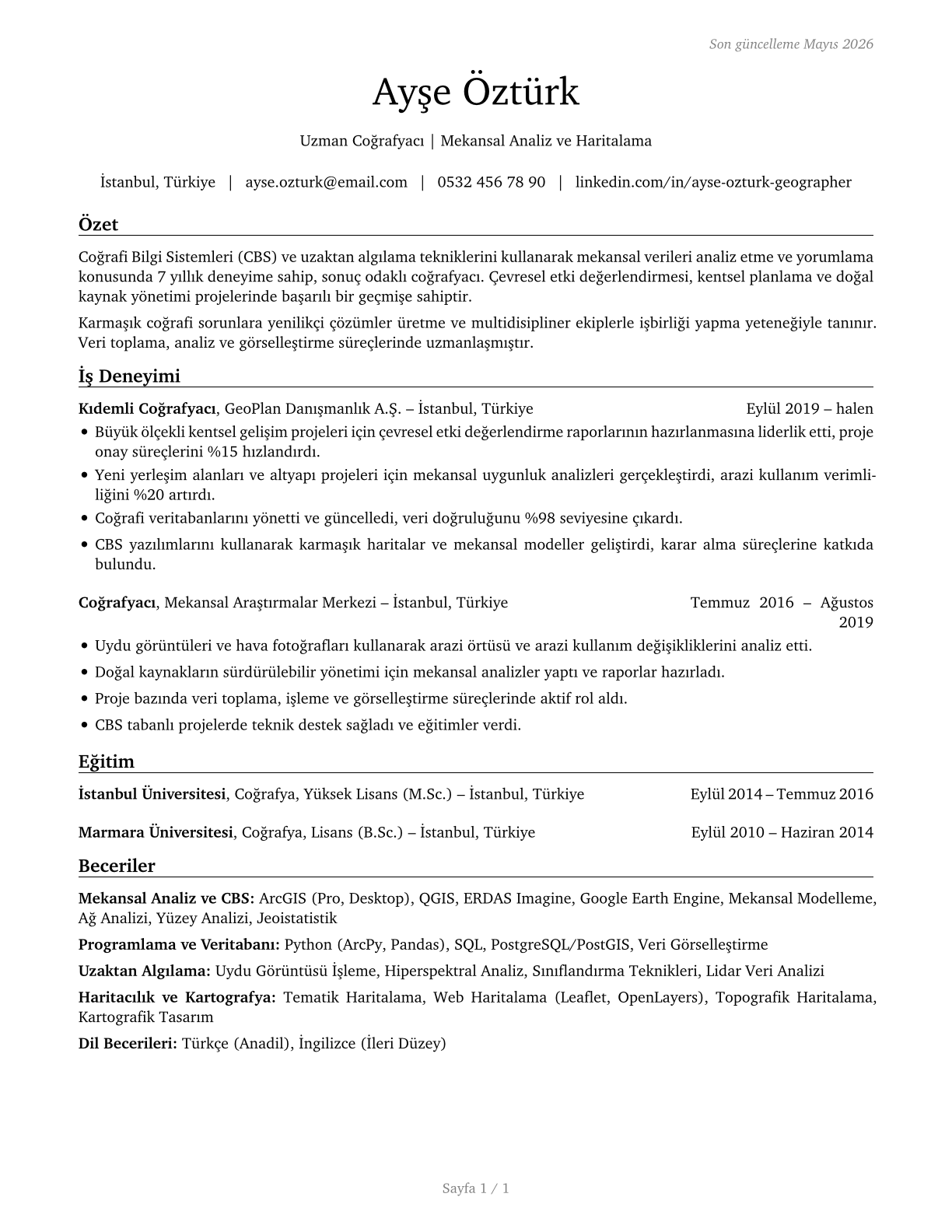 Geographers CV in Turkish — page 1