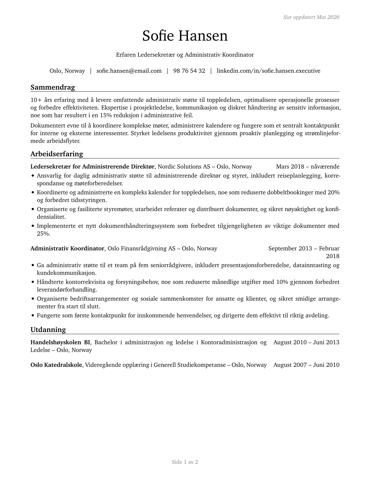 Executive Secretaries and Executive Administrative Assistants CV in Norwegian_bokmal — page 1