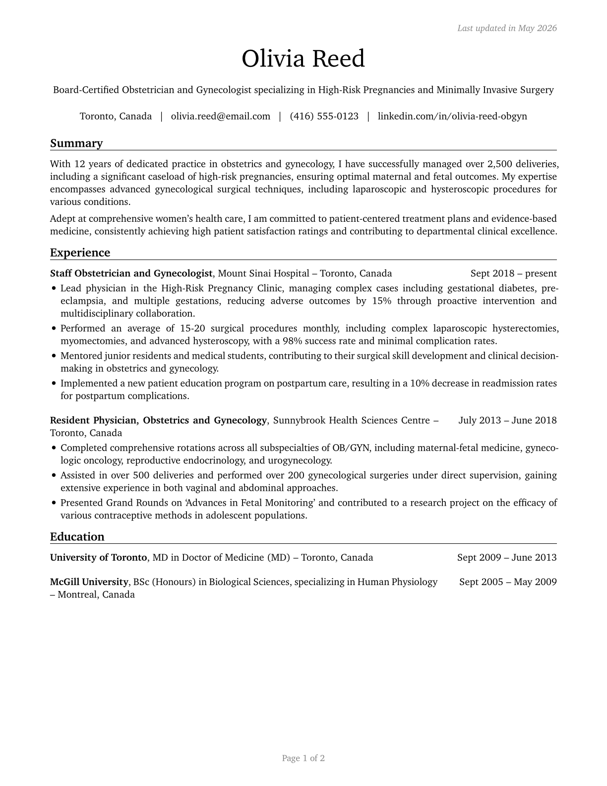 Obstetricians and Gynecologists CV in English — page 1