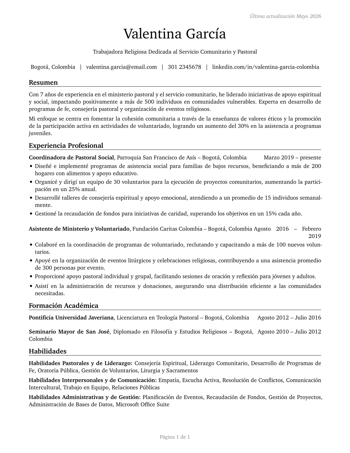 Religious Workers, All Other CV in Spanish — page 1