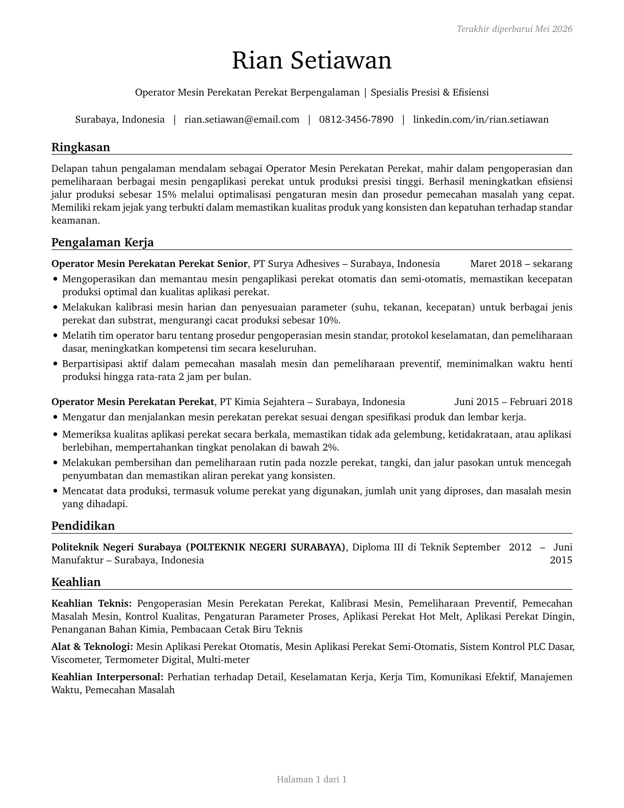 Adhesive Bonding Machine Operators and Tenders CV in Indonesian — page 1