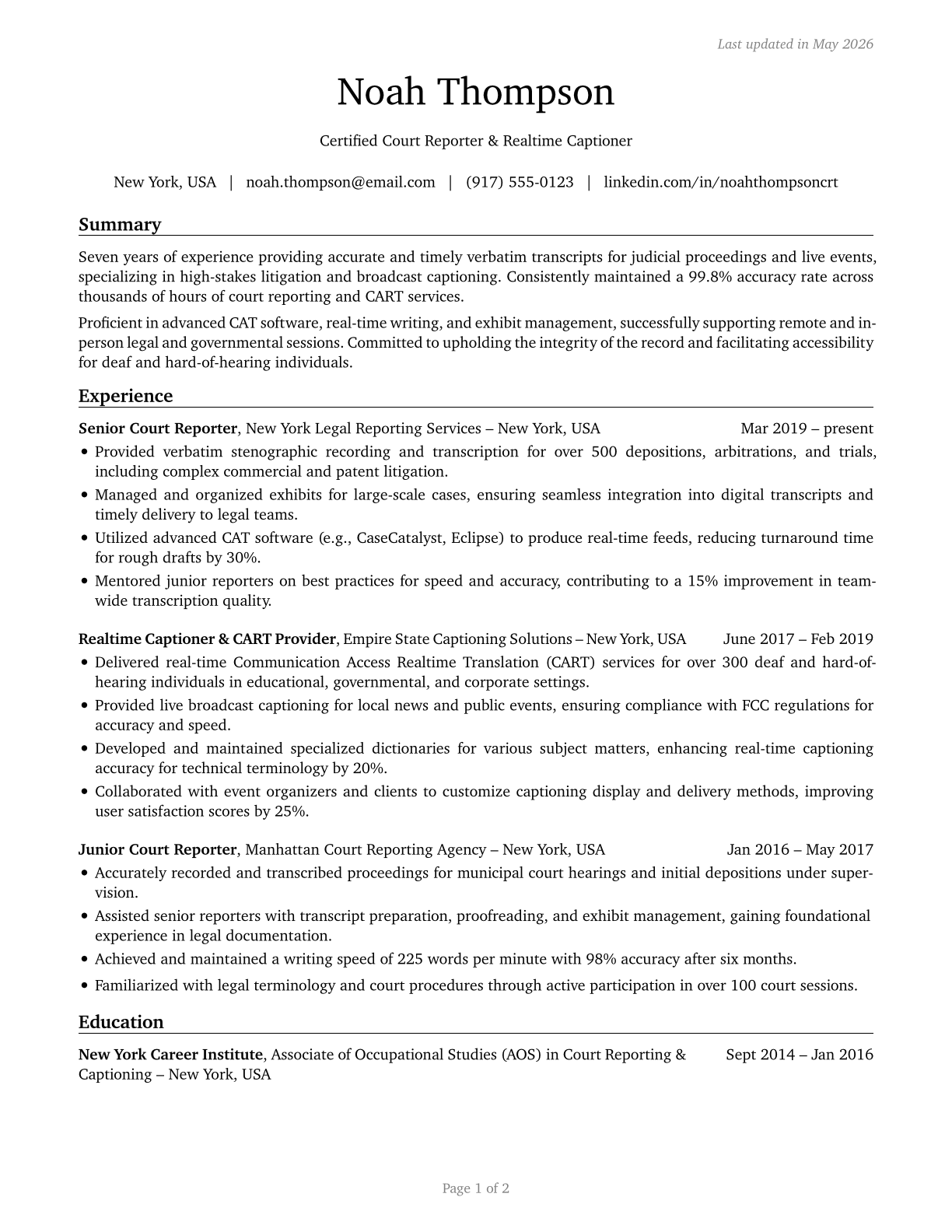 Court Reporters and Simultaneous Captioners CV in English — page 1