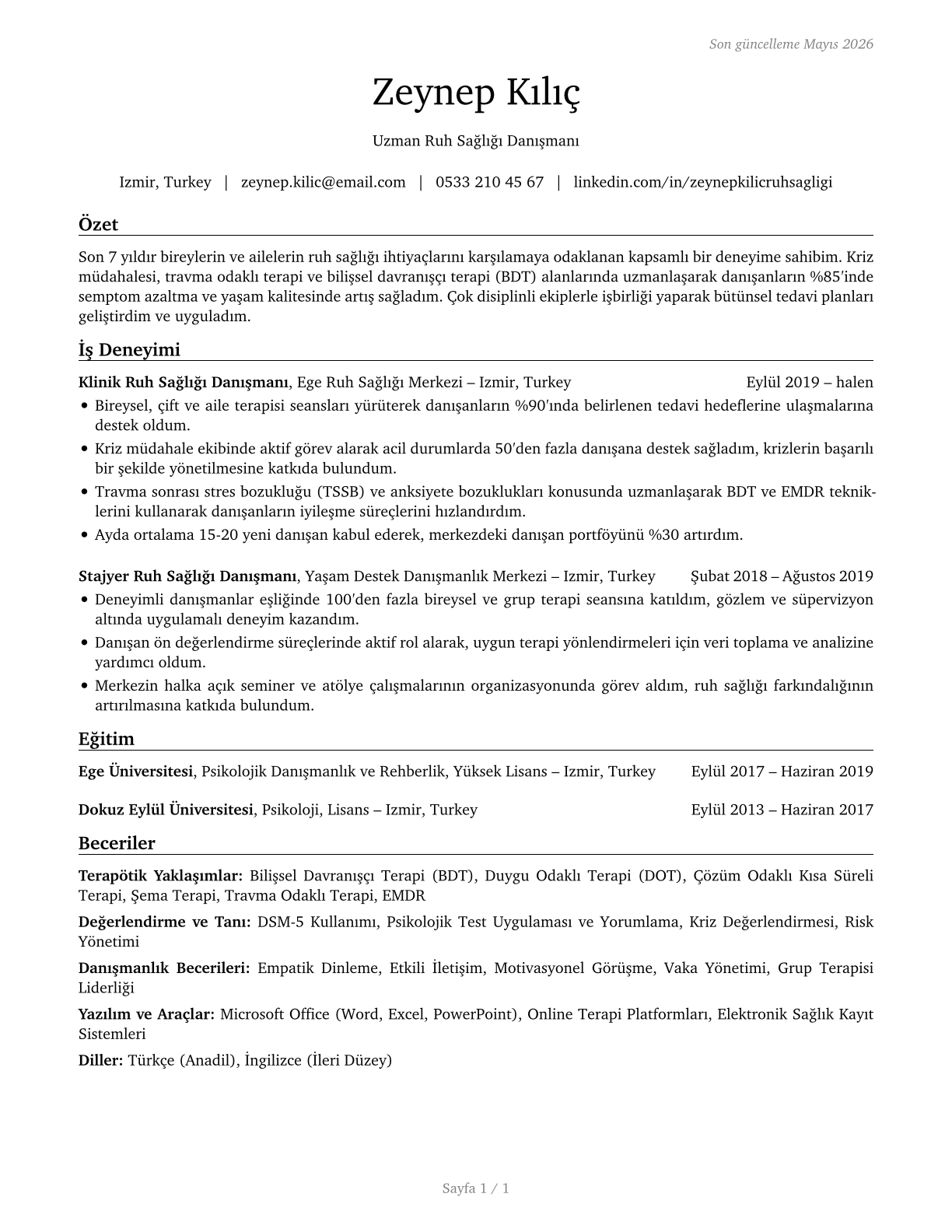 Mental Health Counselors CV in Turkish — page 1