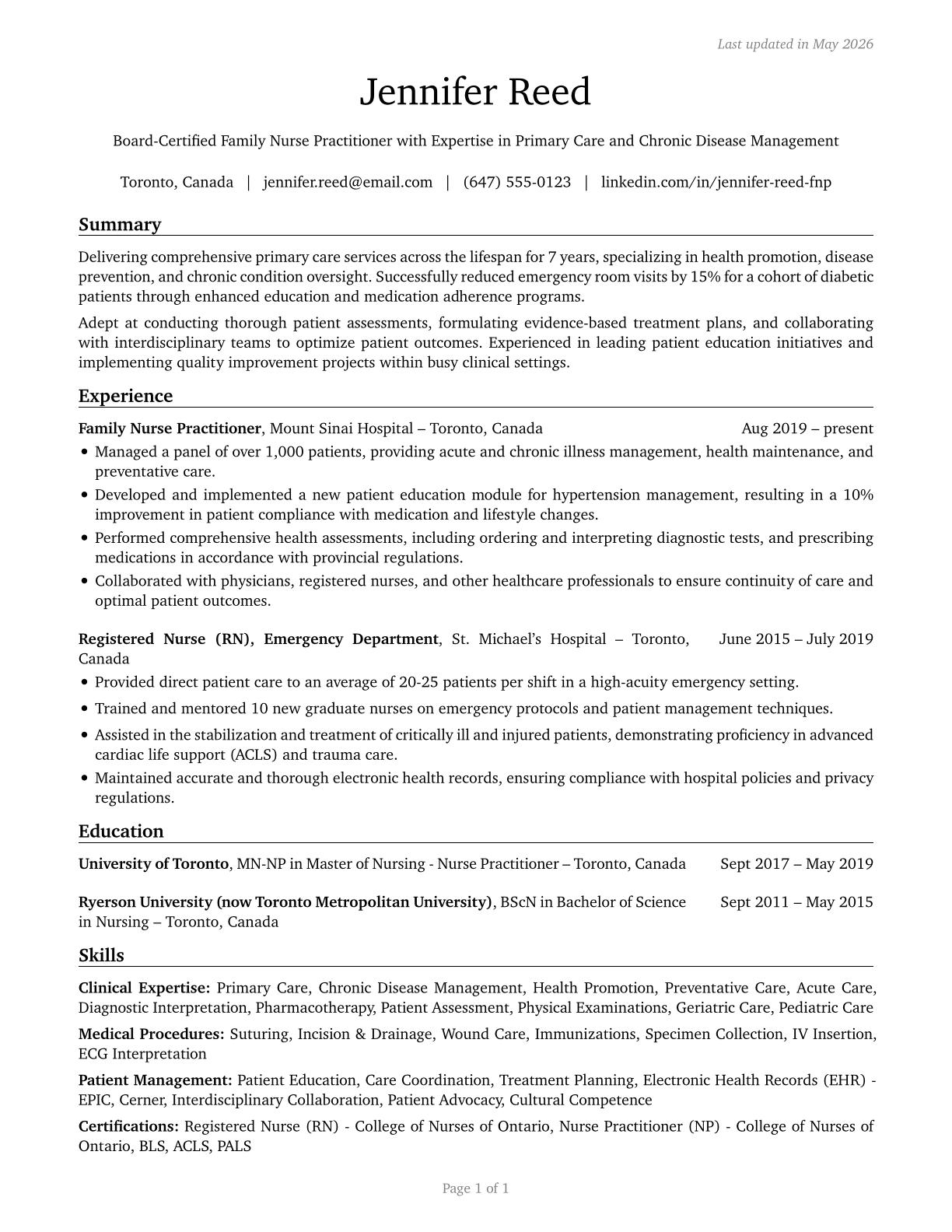 Nurse Practitioners CV in English — page 1