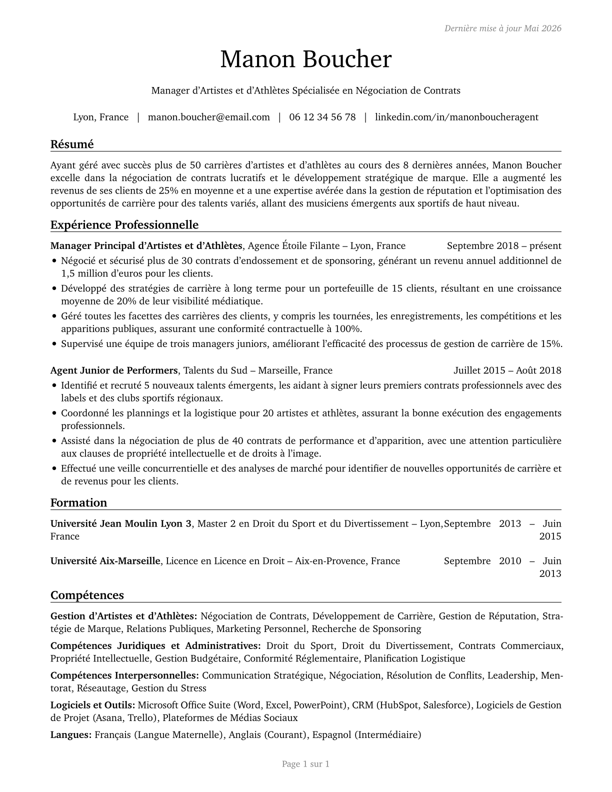 Agents and Business Managers of Artists, Performers, and Athletes CV in French — page 1