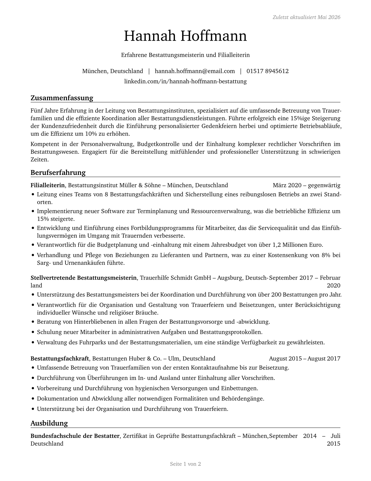 Funeral Home Managers CV in German — page 1