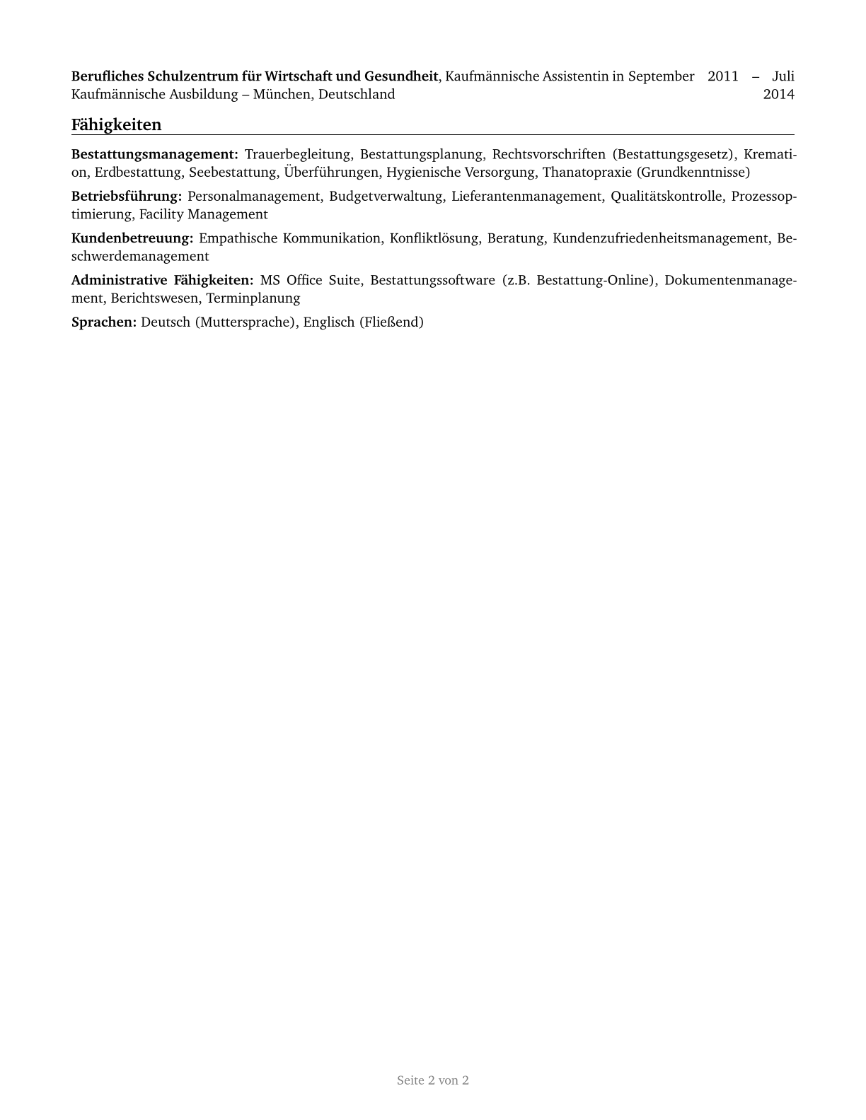 Funeral Home Managers CV in German — page 2