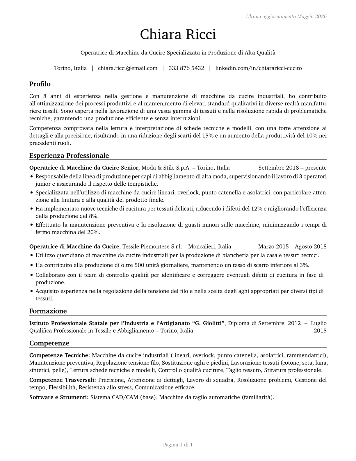 Sewing Machine Operators CV in Italian — page 1