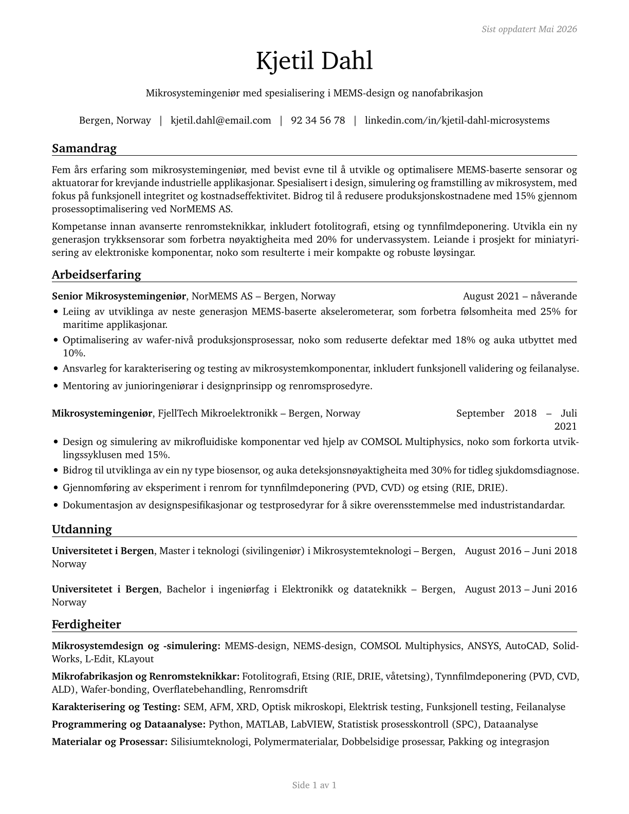 Microsystems Engineers CV in Norwegian_nynorsk — page 1