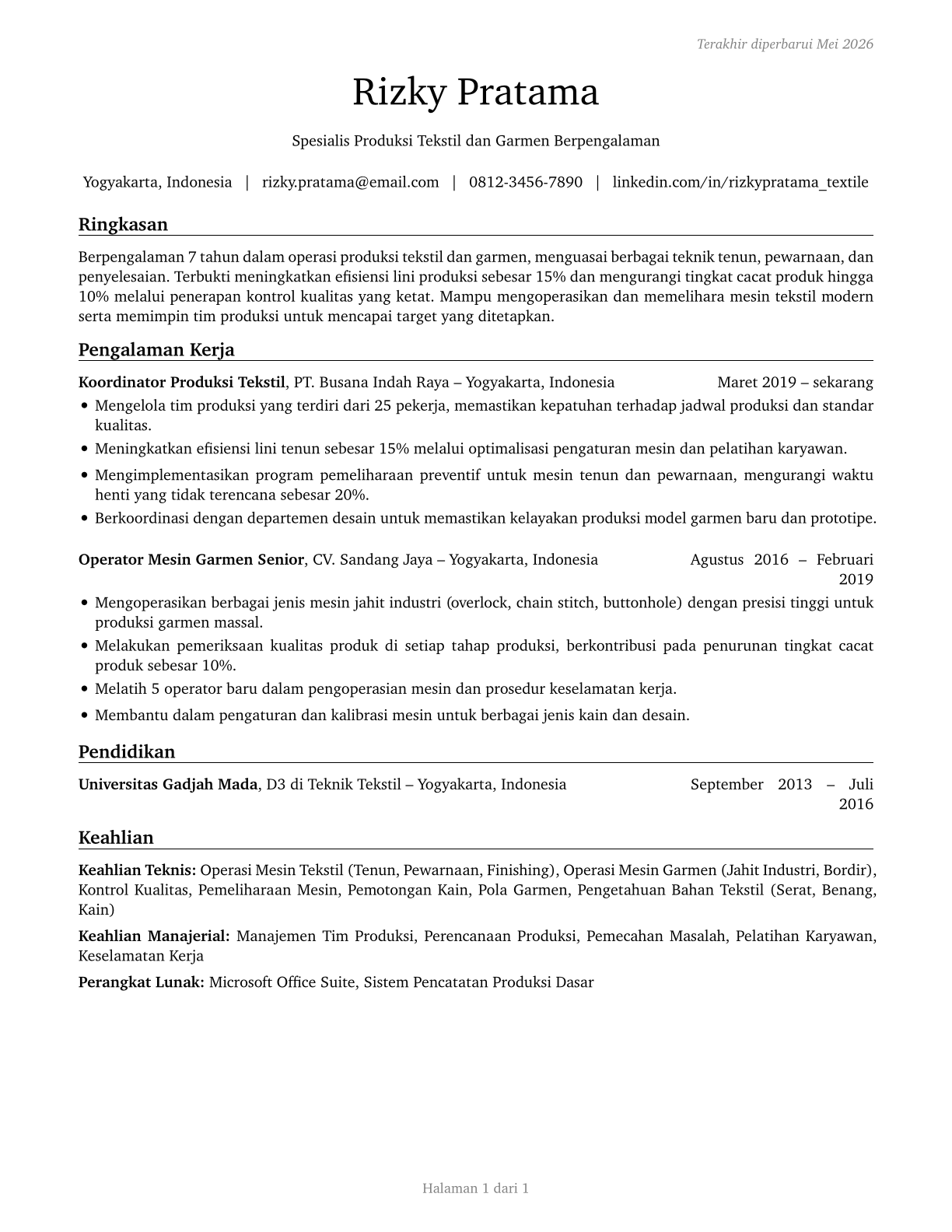 Textile, Apparel, and Furnishings Workers, All Other CV in Indonesian — page 1