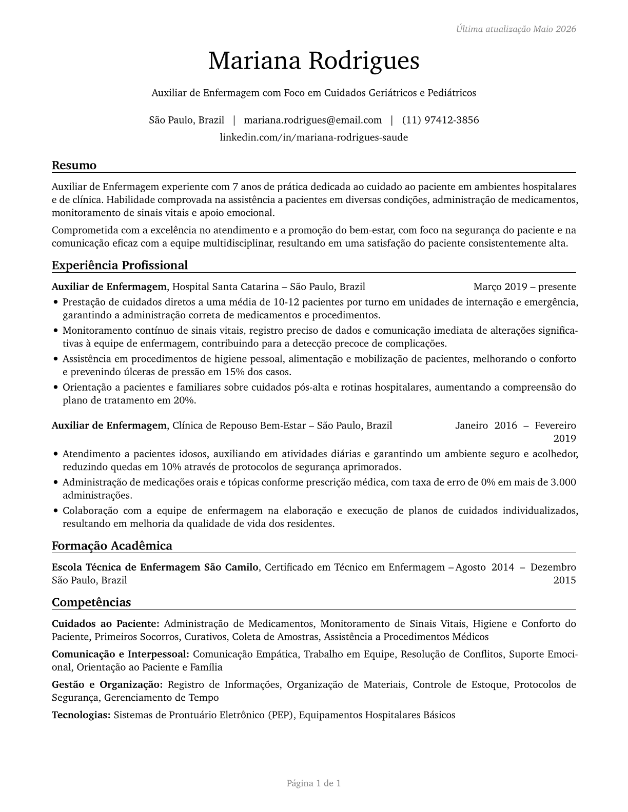 Nursing Assistants CV in Portuguese — page 1