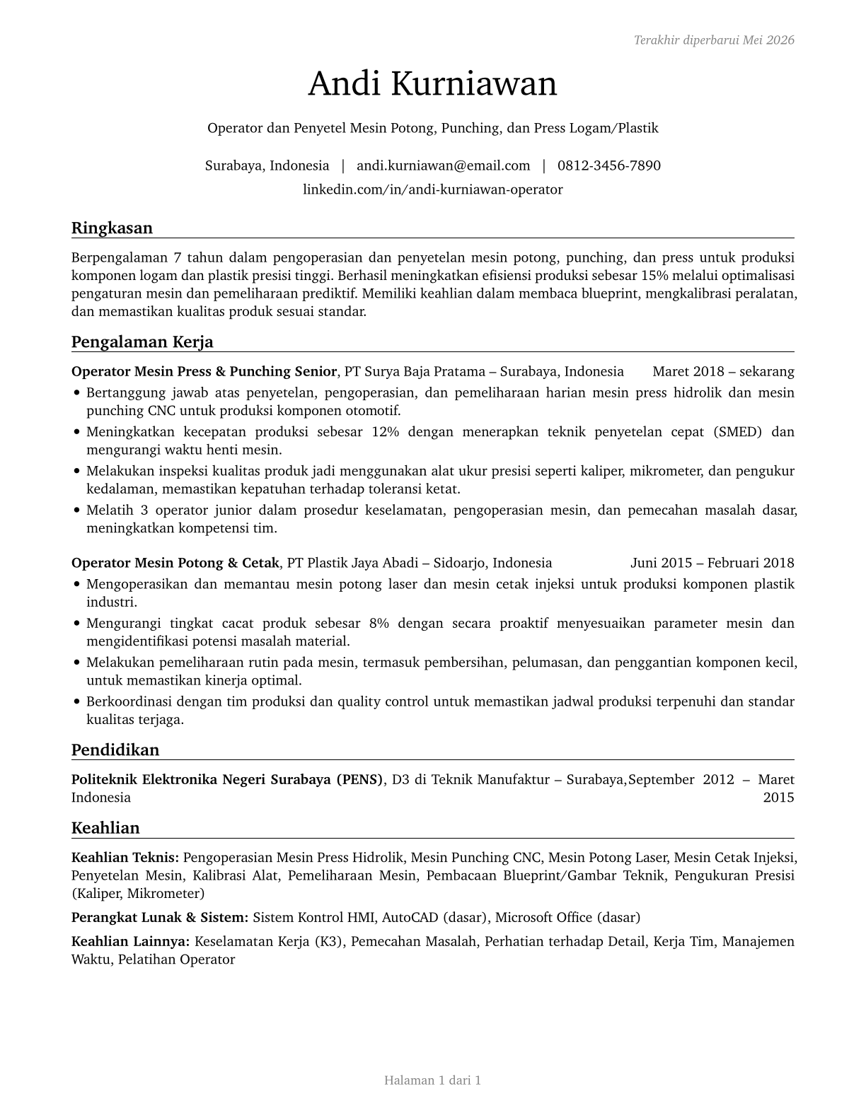 Cutting, Punching, and Press Machine Setters, Operators, and Tenders, Metal and Plastic CV in Indonesian — page 1