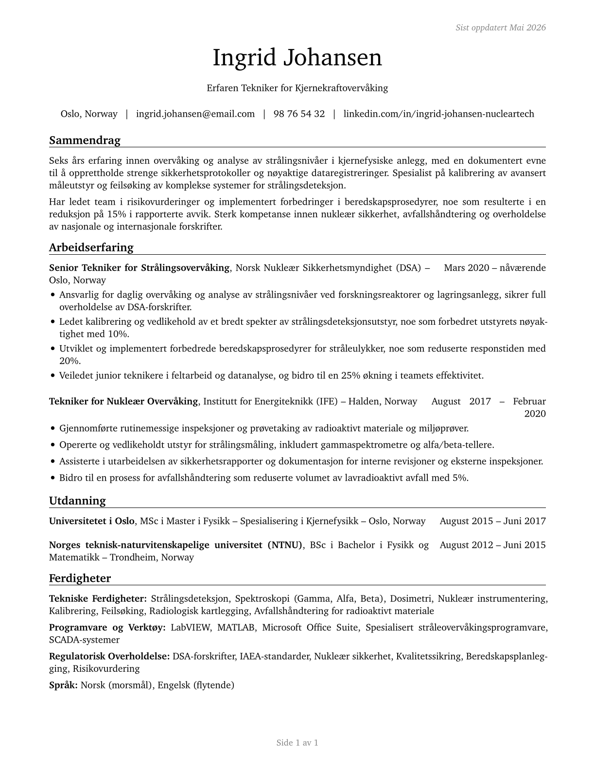 Nuclear Monitoring Technicians CV in Norwegian_bokmal — page 1