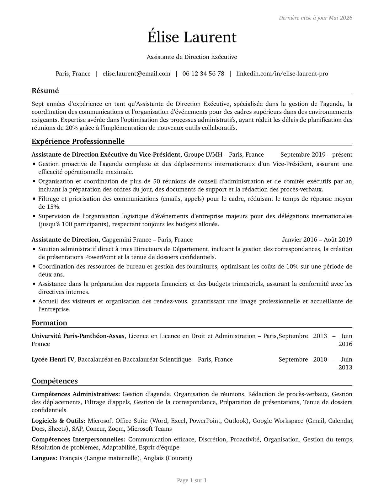 Executive Secretaries and Executive Administrative Assistants CV in French — page 1