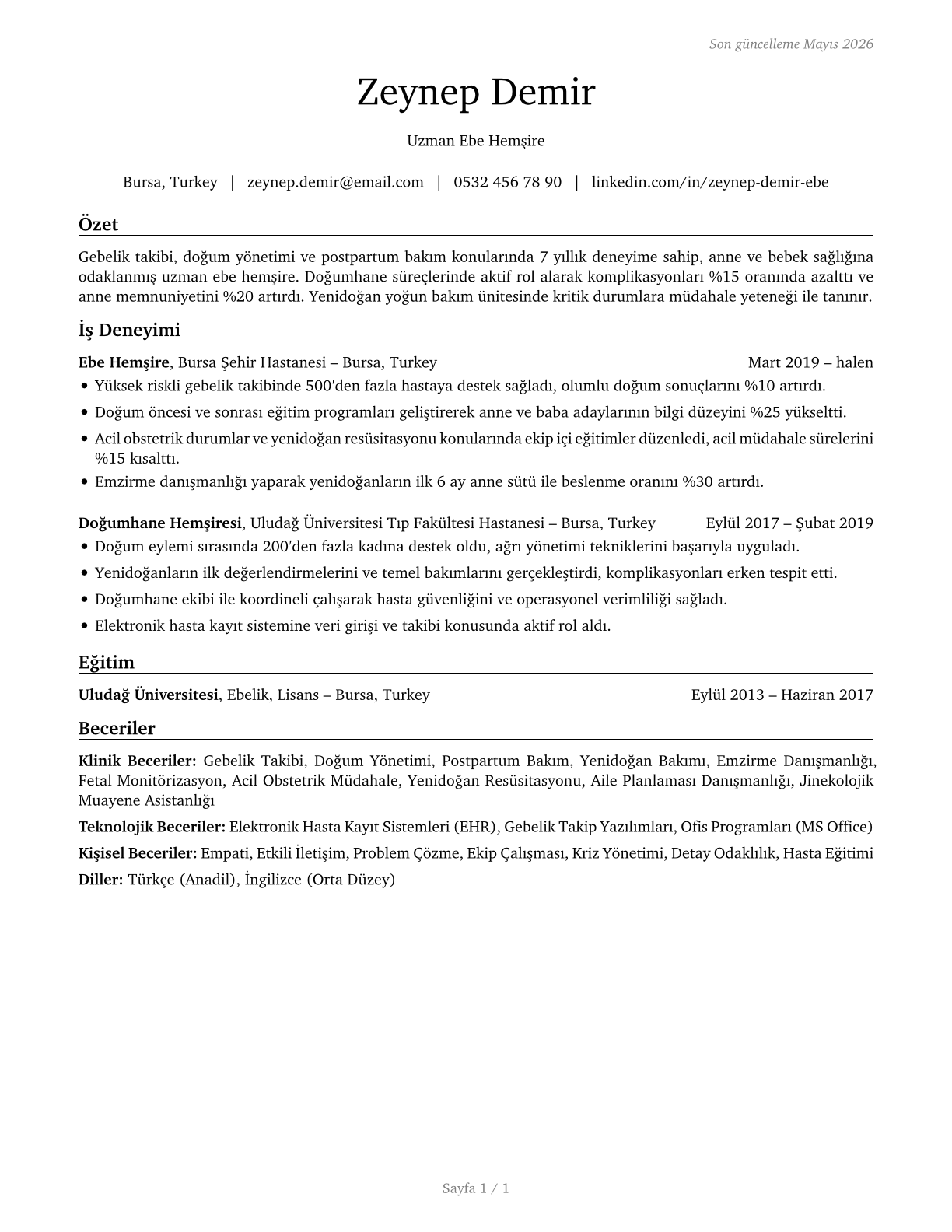 Nurse Midwives CV in Turkish — page 1