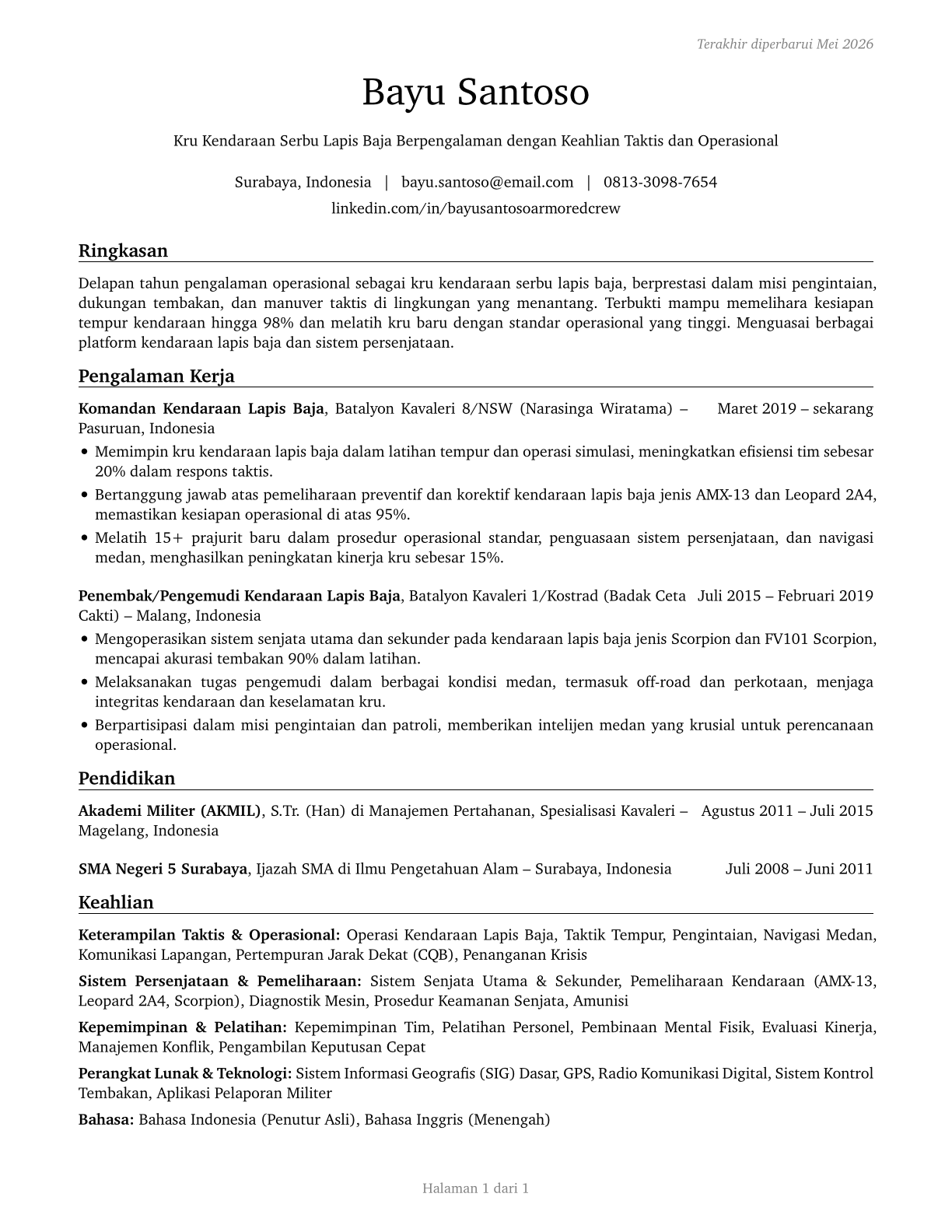 Armored Assault Vehicle Crew Members CV in Indonesian — page 1