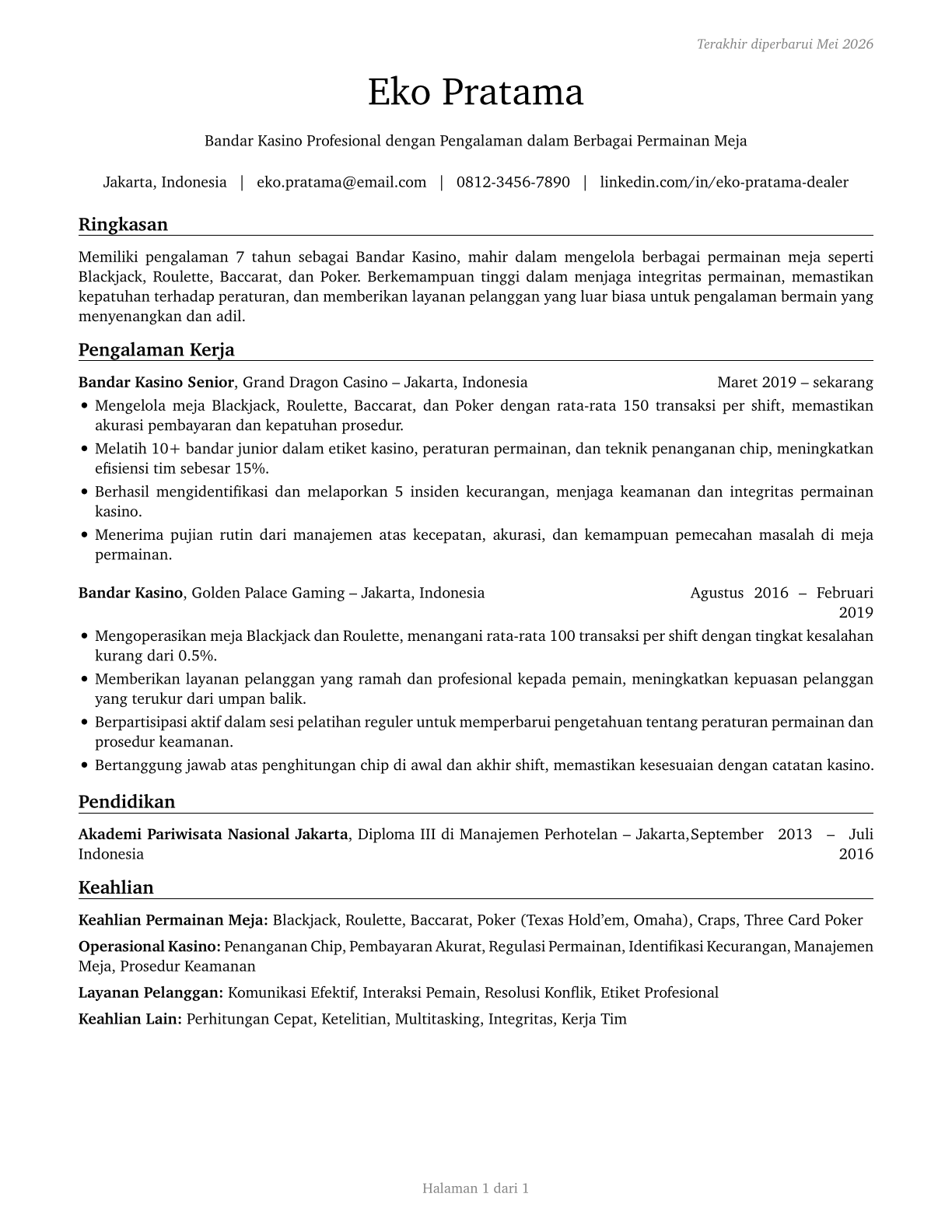 Gambling Dealers CV in Indonesian — page 1
