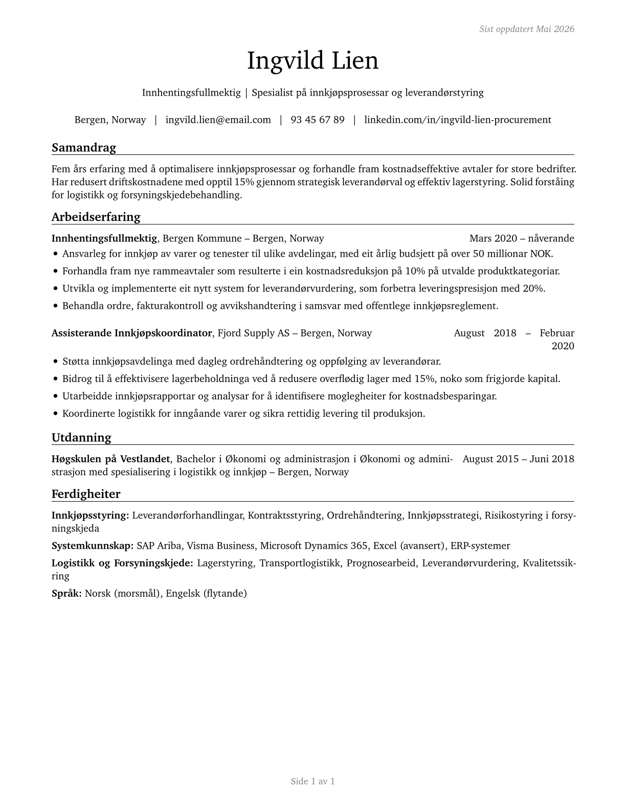 Procurement Clerks CV in Norwegian_nynorsk — page 1