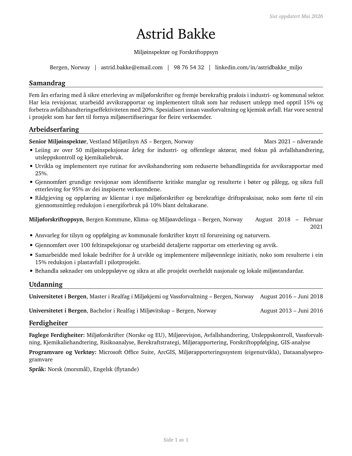 Environmental Compliance Inspectors CV in Norwegian_nynorsk — page 1