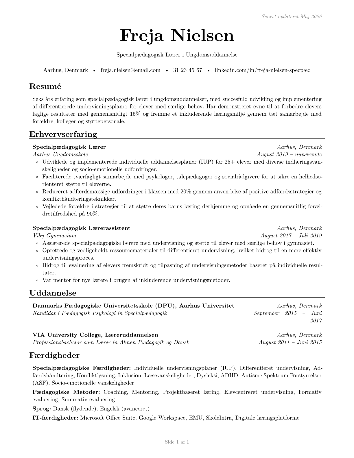Special Education Teachers, Secondary School CV in Danish — page 1