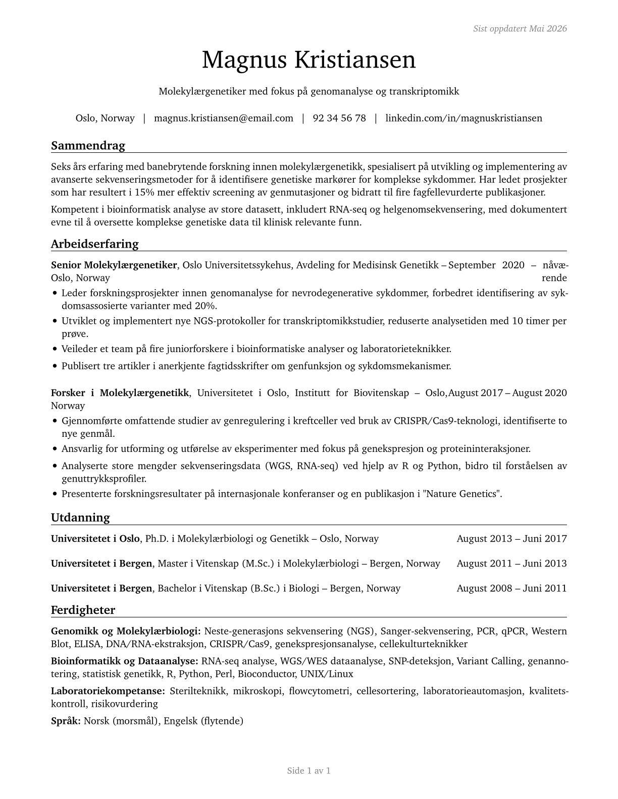 Geneticists CV in Norwegian_bokmal — page 1