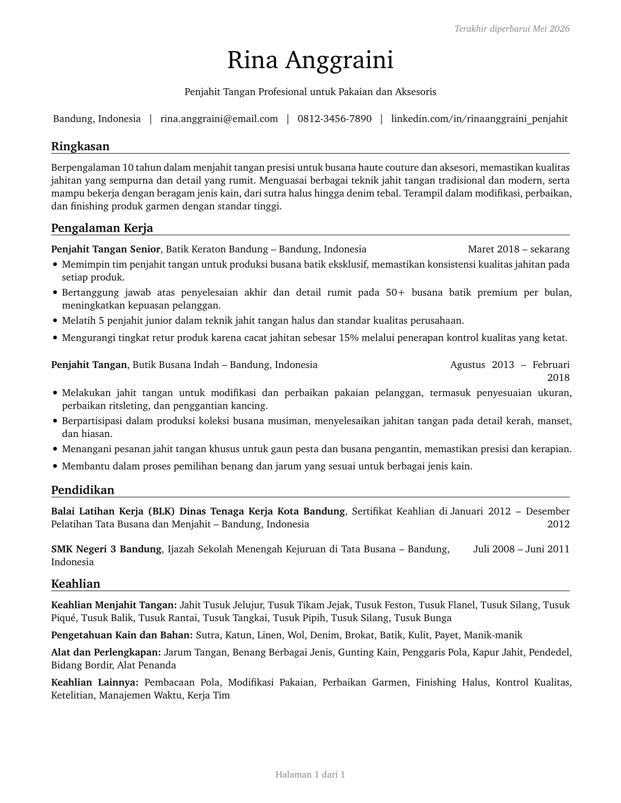 Sewers, Hand CV in Indonesian — page 1
