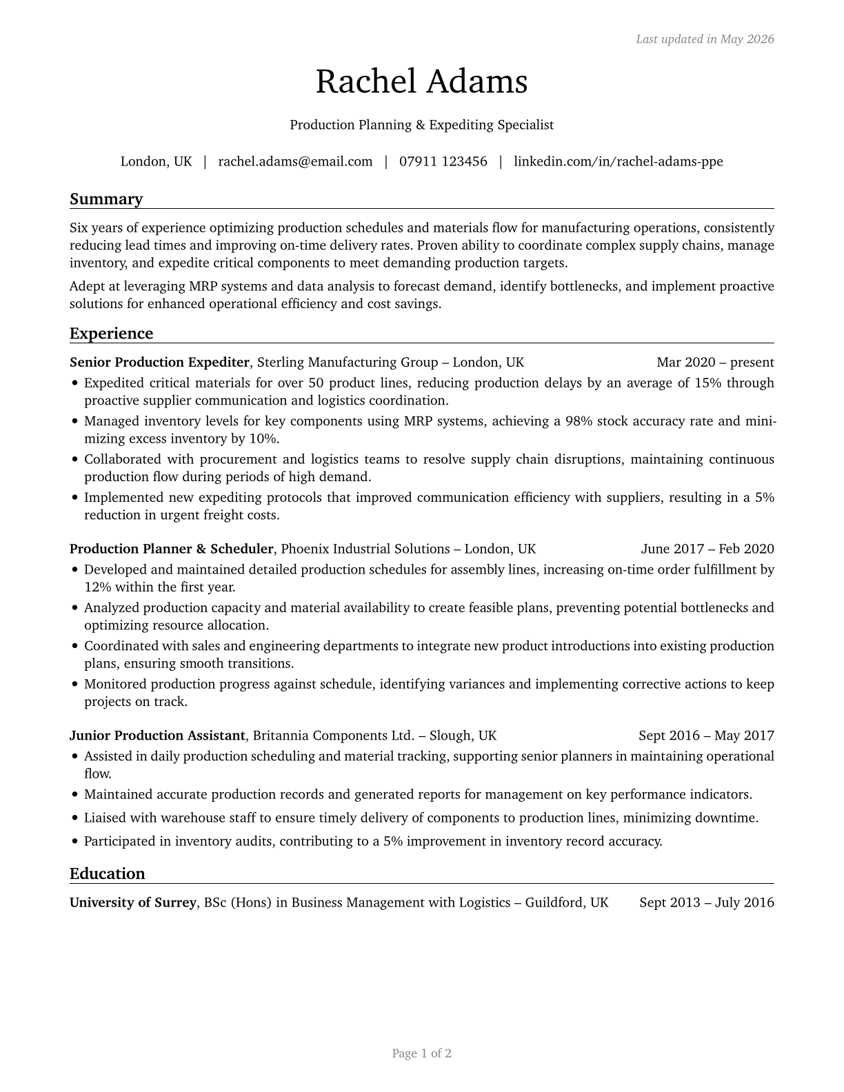Production, Planning, and Expediting Clerks CV in English — page 1