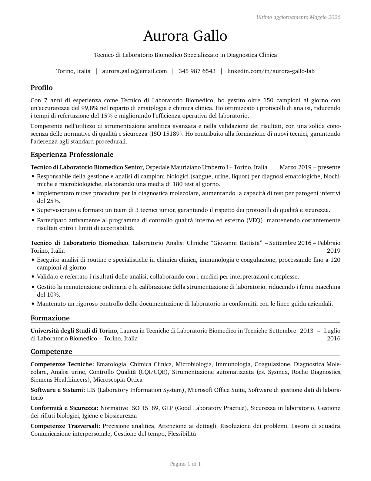 Medical and Clinical Laboratory Technologists CV in Italian — page 1