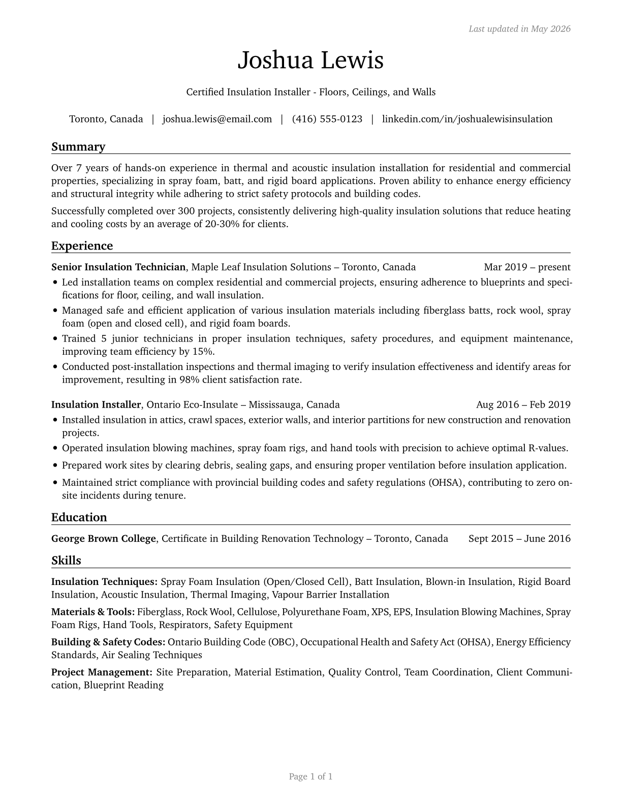 Insulation Workers, Floor, Ceiling, and Wall CV in English — page 1