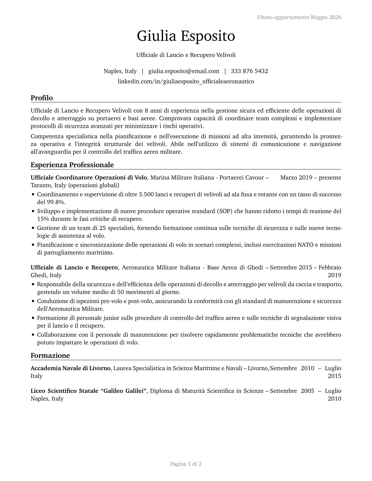 Aircraft Launch and Recovery Officers CV in Italian — page 1