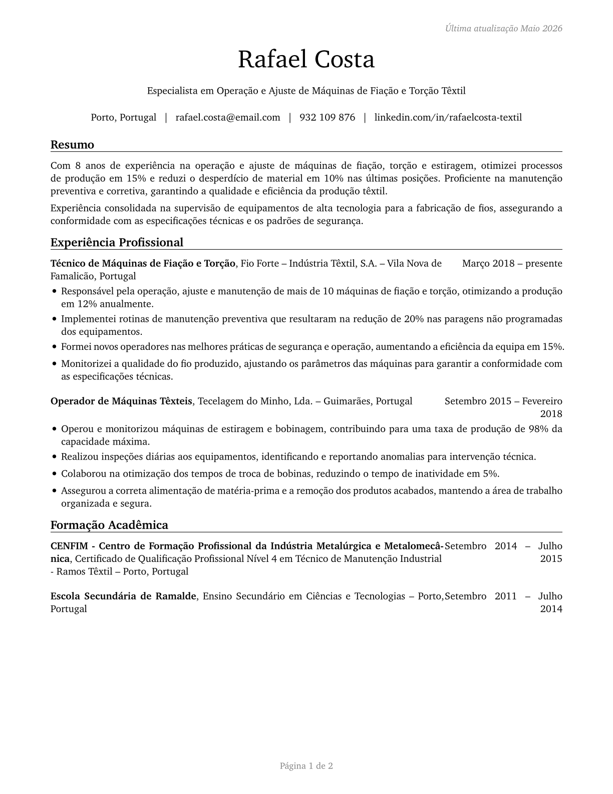 Textile Winding, Twisting, and Drawing Out Machine Setters, Operators, and Tenders CV in Portuguese — page 1