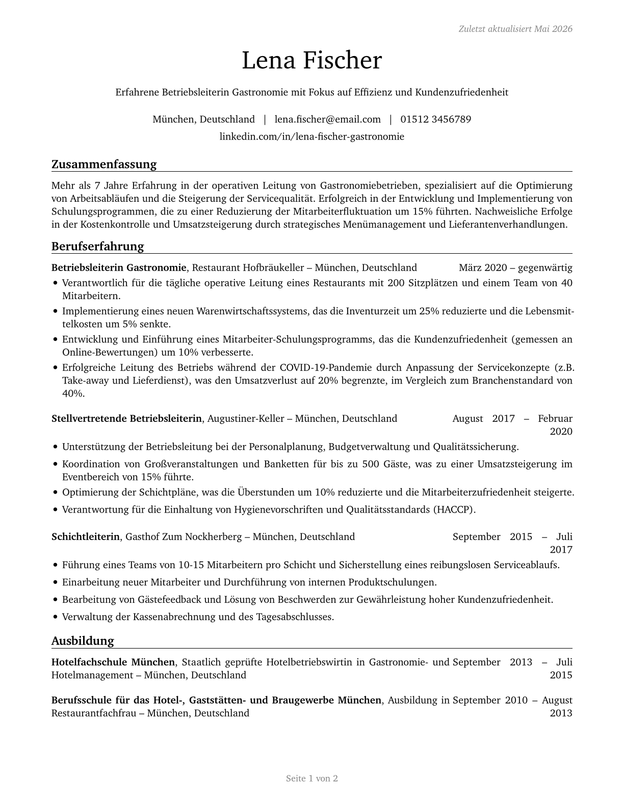 Food Service Managers CV in German — page 1