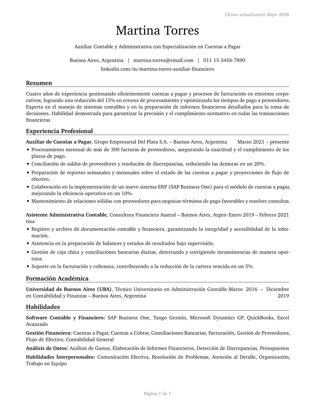 Financial Clerks, All Other CV in Spanish — page 1