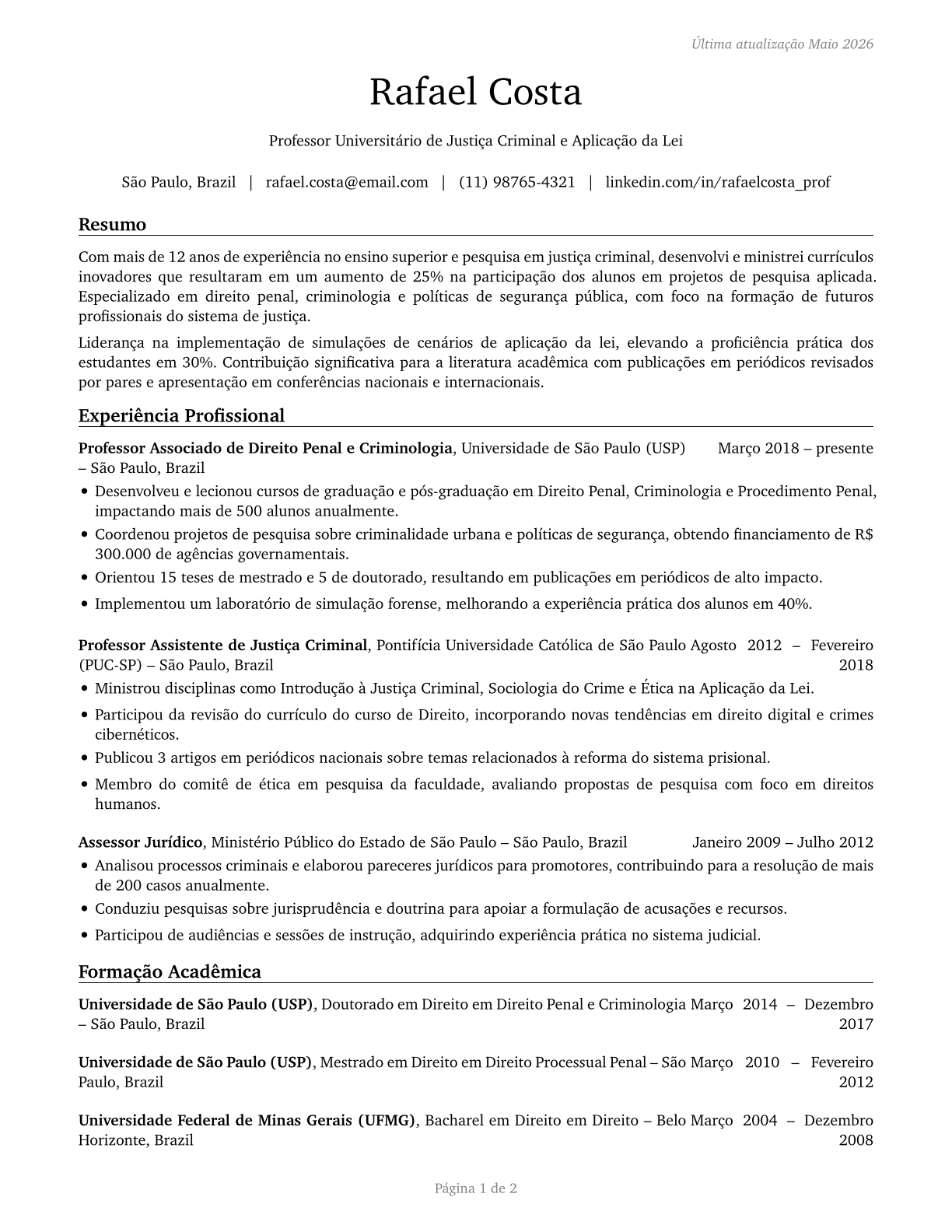 Criminal Justice and Law Enforcement Teachers, Postsecondary CV in Portuguese — page 1