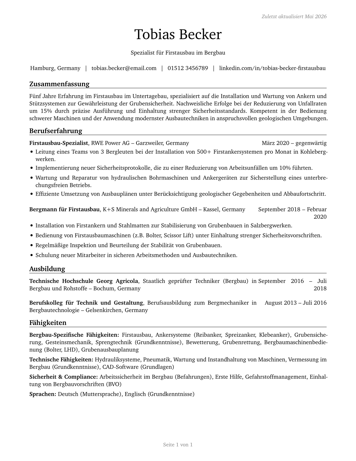 Roof Bolters, Mining CV in German — page 1