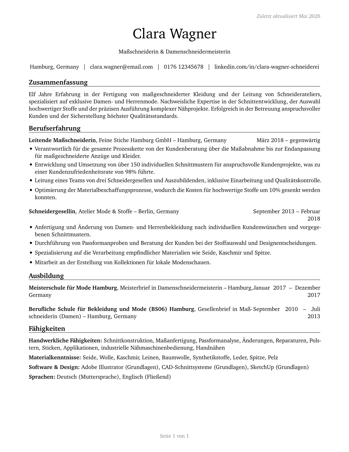 Tailors, Dressmakers, and Custom Sewers CV in German — page 1