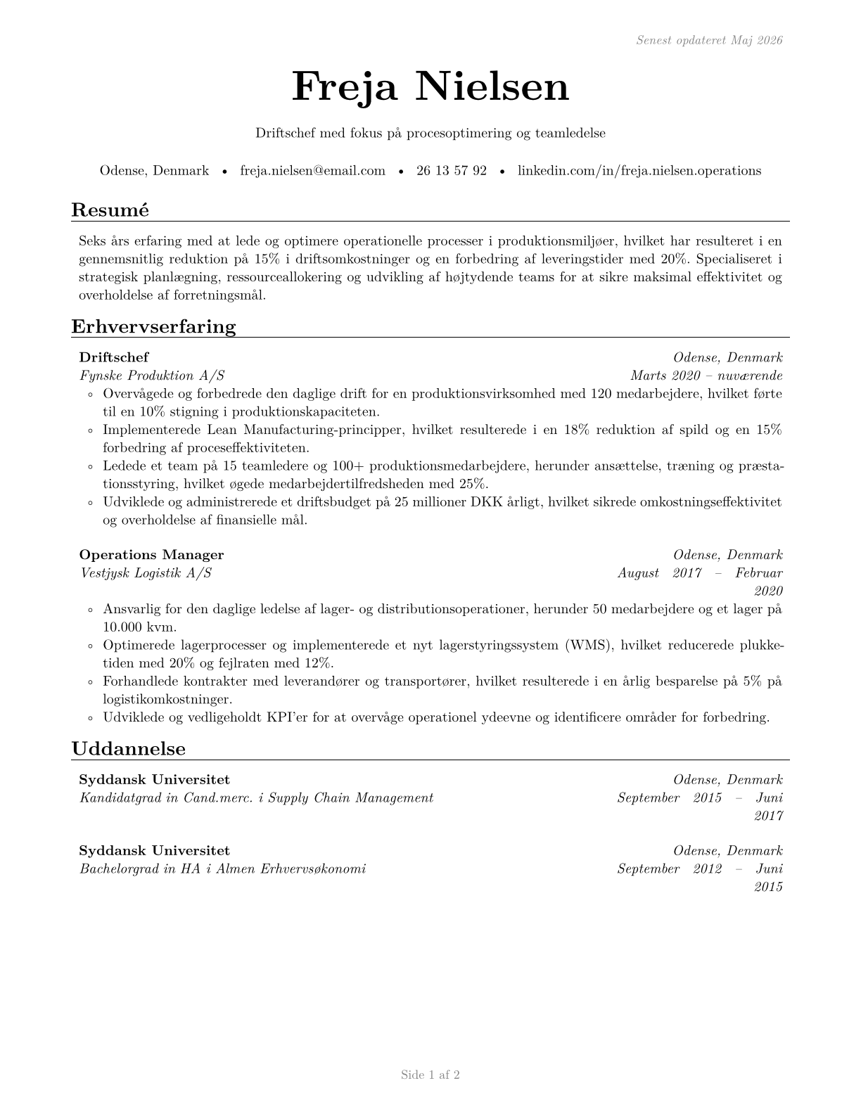 General and Operations Managers CV in Danish — page 1
