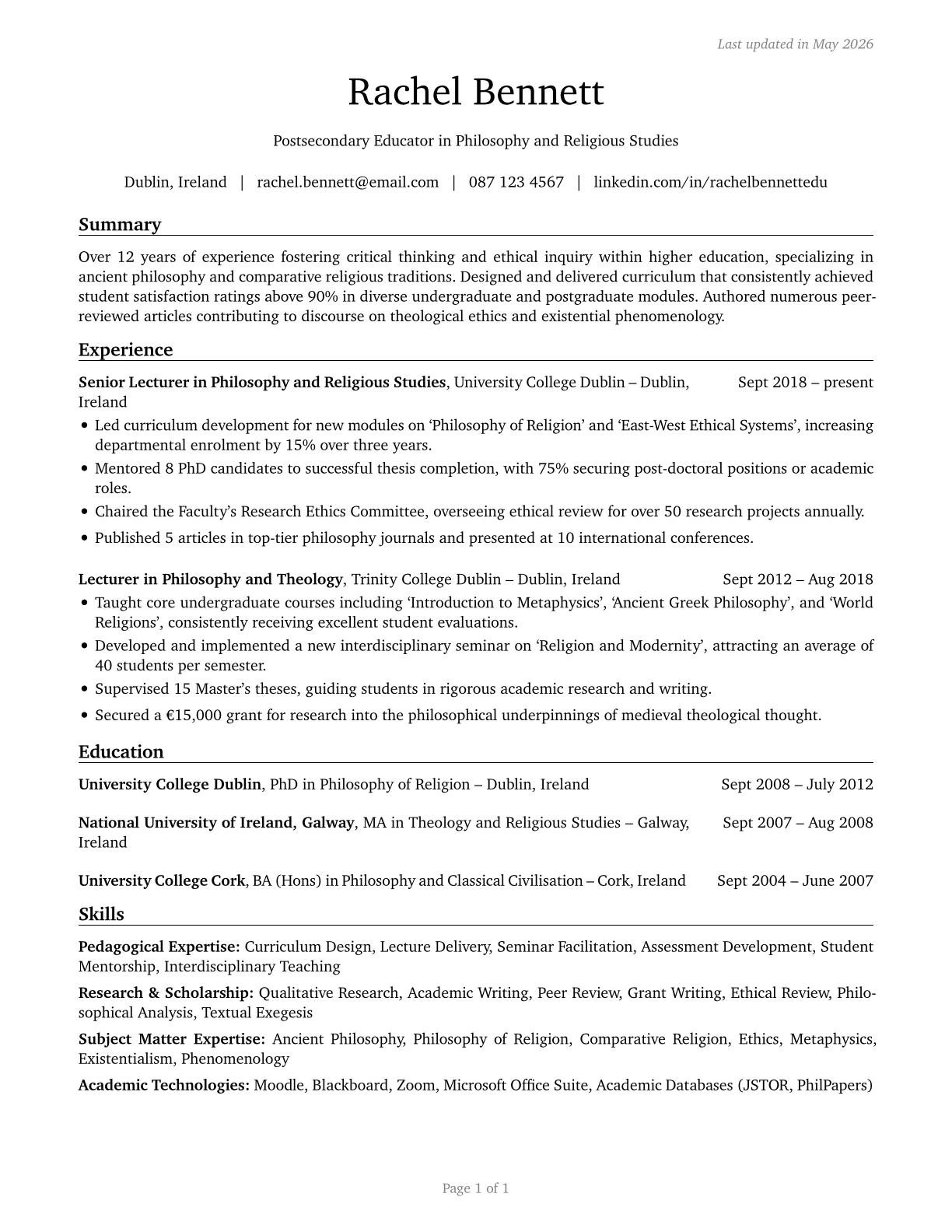 Philosophy and Religion Teachers, Postsecondary CV in English — page 1