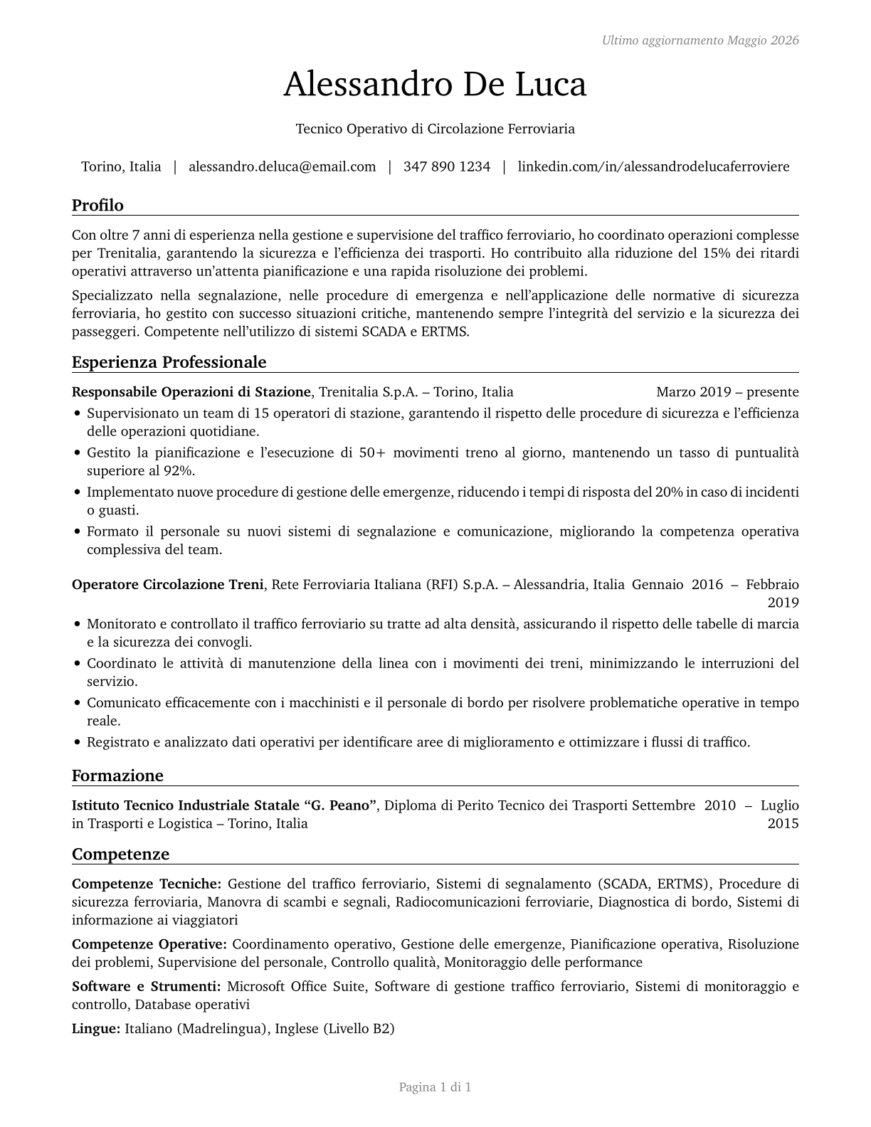 Rail Transportation Workers, All Other CV in Italian — page 1