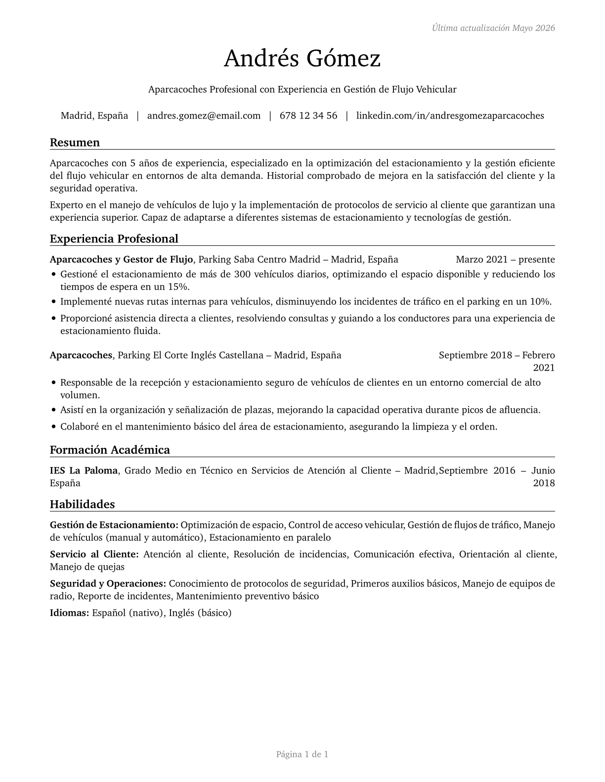 Parking Attendants CV in Spanish — page 1