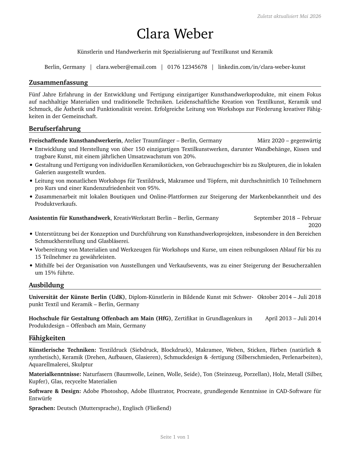 Craft Artists CV in German — page 1
