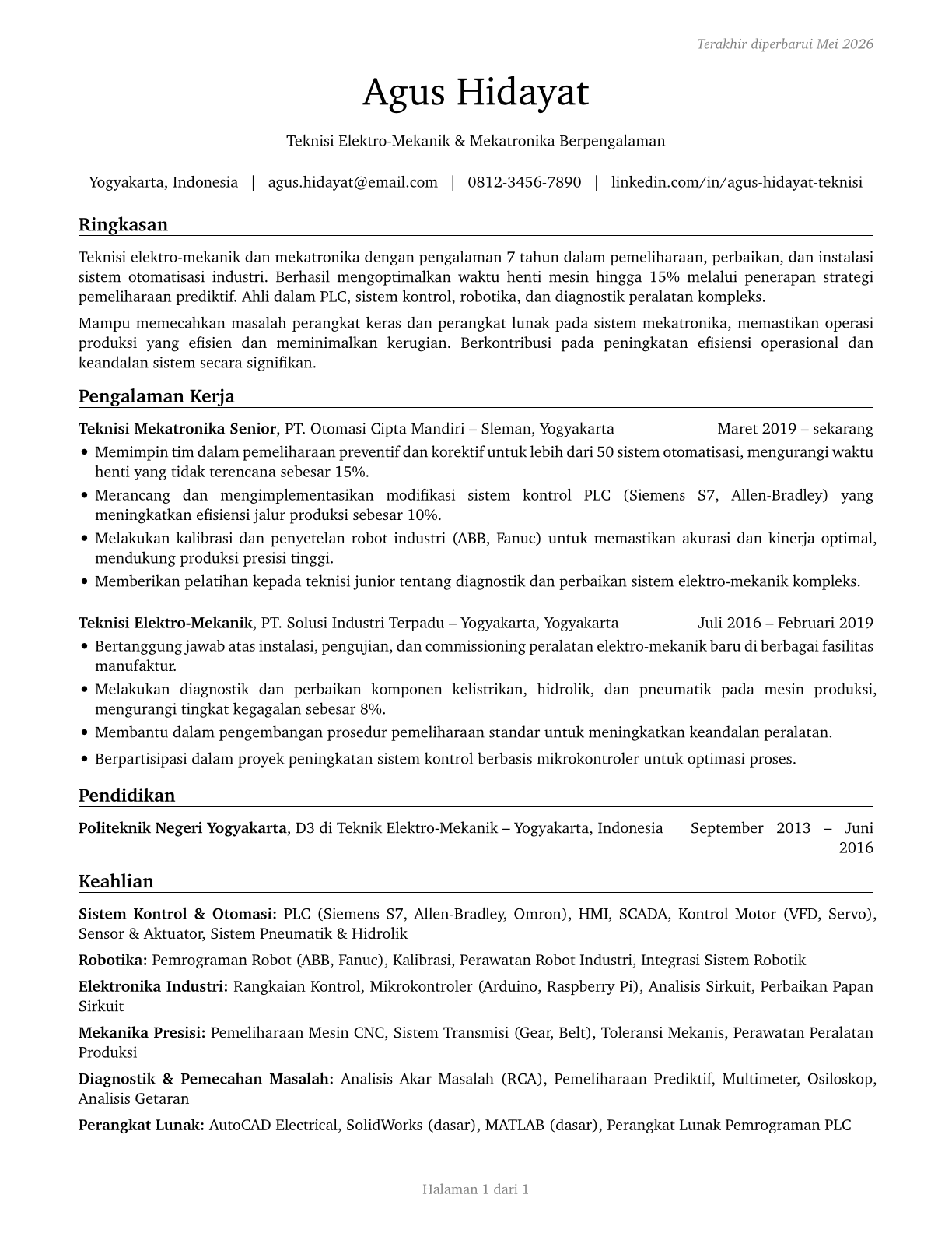 Electro-Mechanical and Mechatronics Technologists and Technicians CV in Indonesian — page 1
