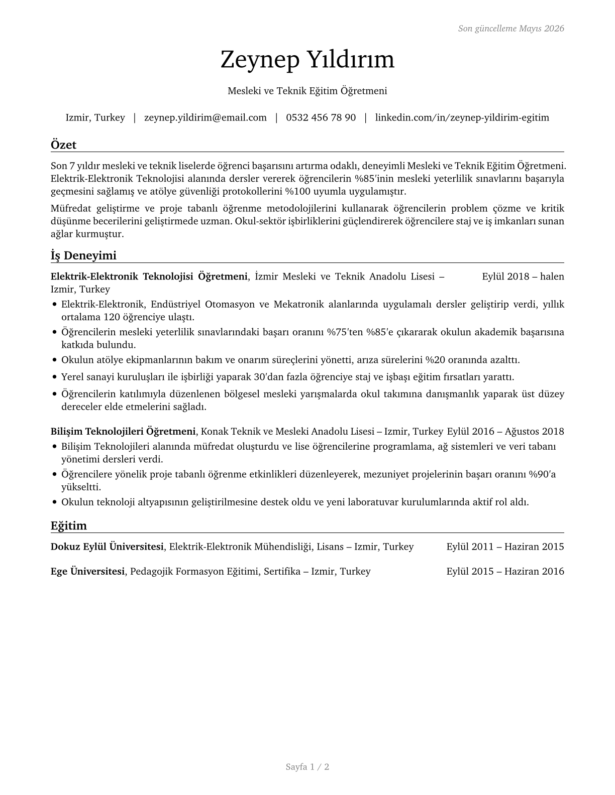 Career/Technical Education Teachers, Secondary School CV in Turkish — page 1