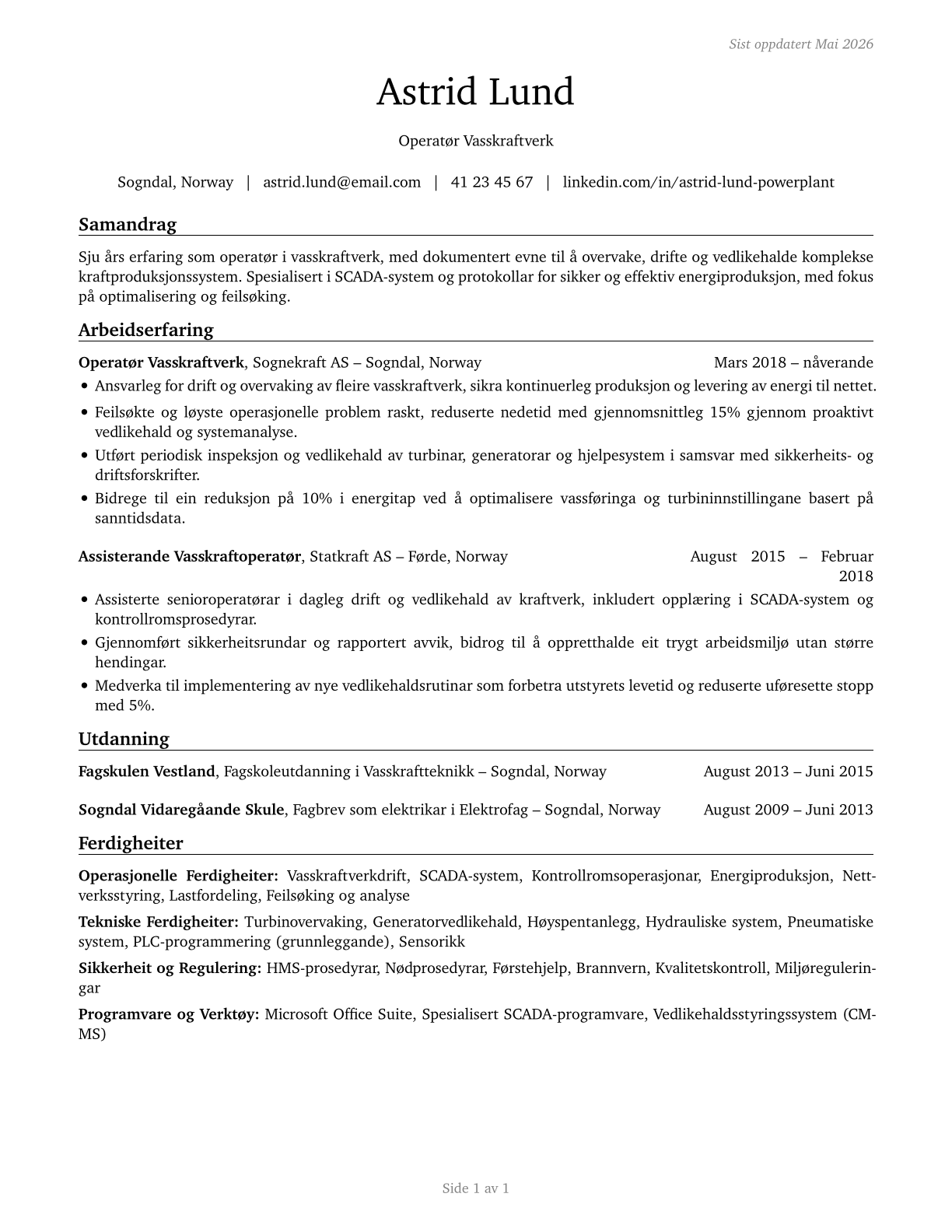 Power Plant Operators CV in Norwegian_nynorsk — page 1
