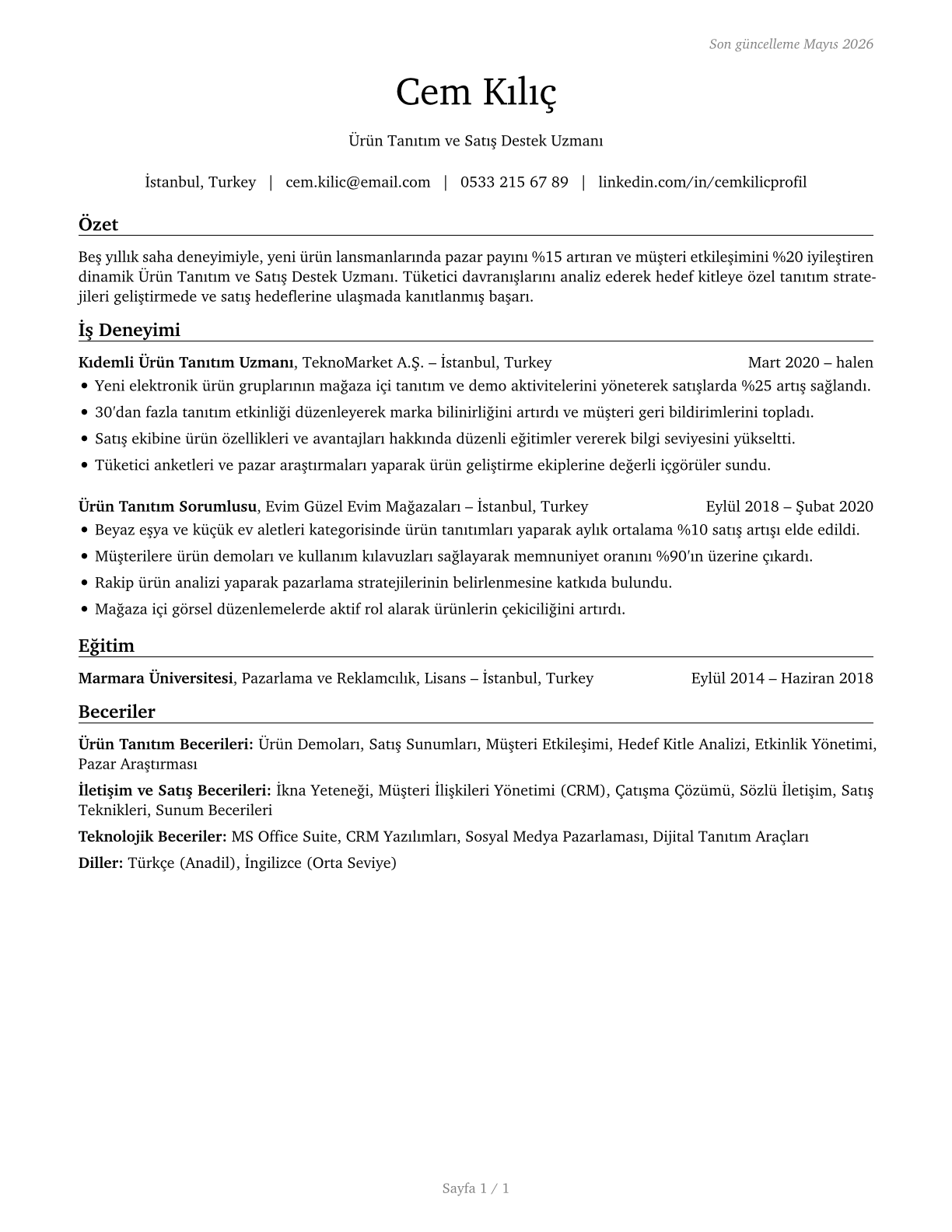 Demonstrators and Product Promoters CV in Turkish — page 1