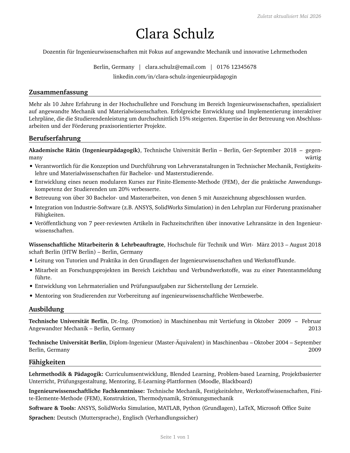 Engineering Teachers, Postsecondary CV in German — page 1