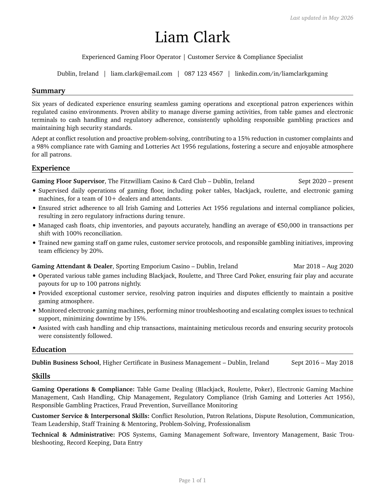 Gambling Service Workers, All Other CV in English — page 1