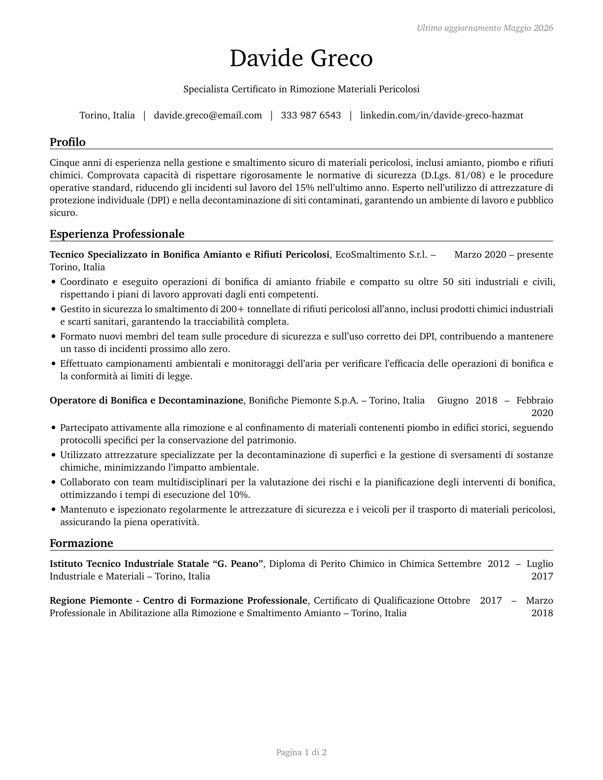Hazardous Materials Removal Workers CV in Italian — page 1
