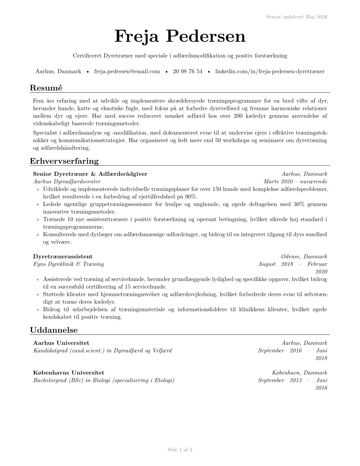 Animal Trainers CV in Danish — page 1