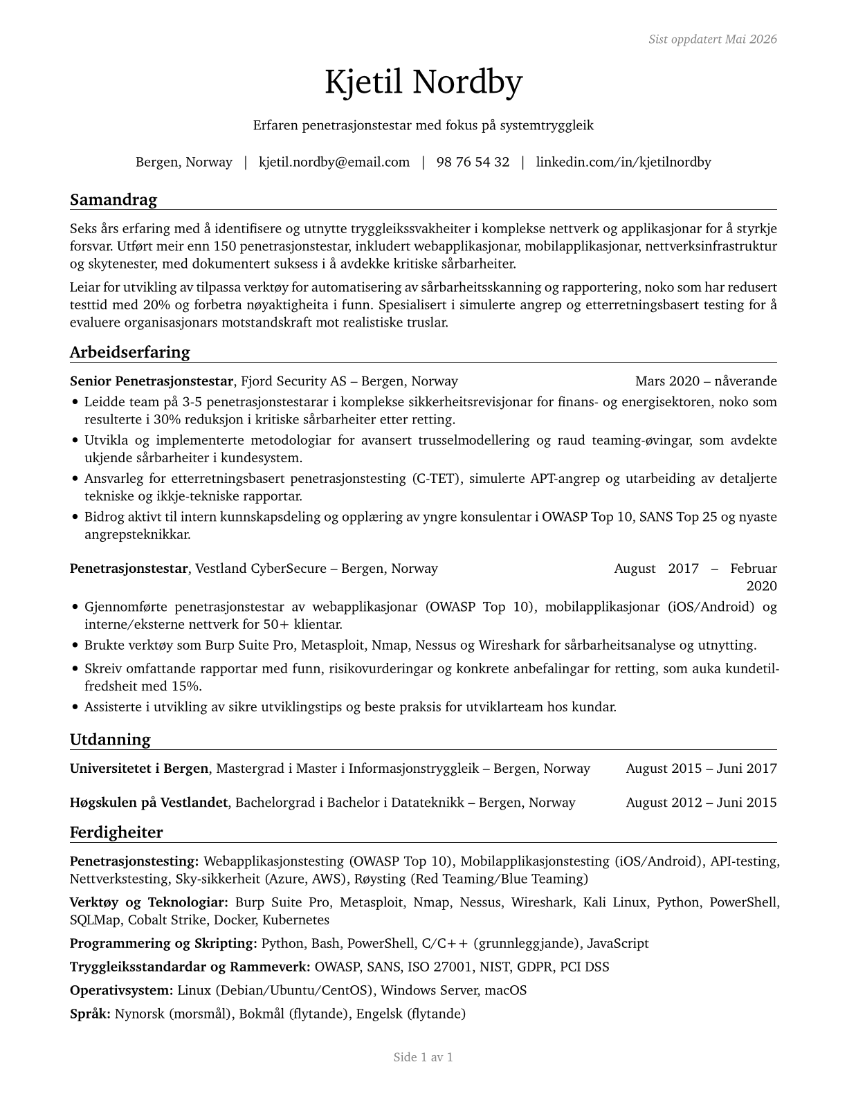 Penetration Testers CV in Norwegian_nynorsk — page 1